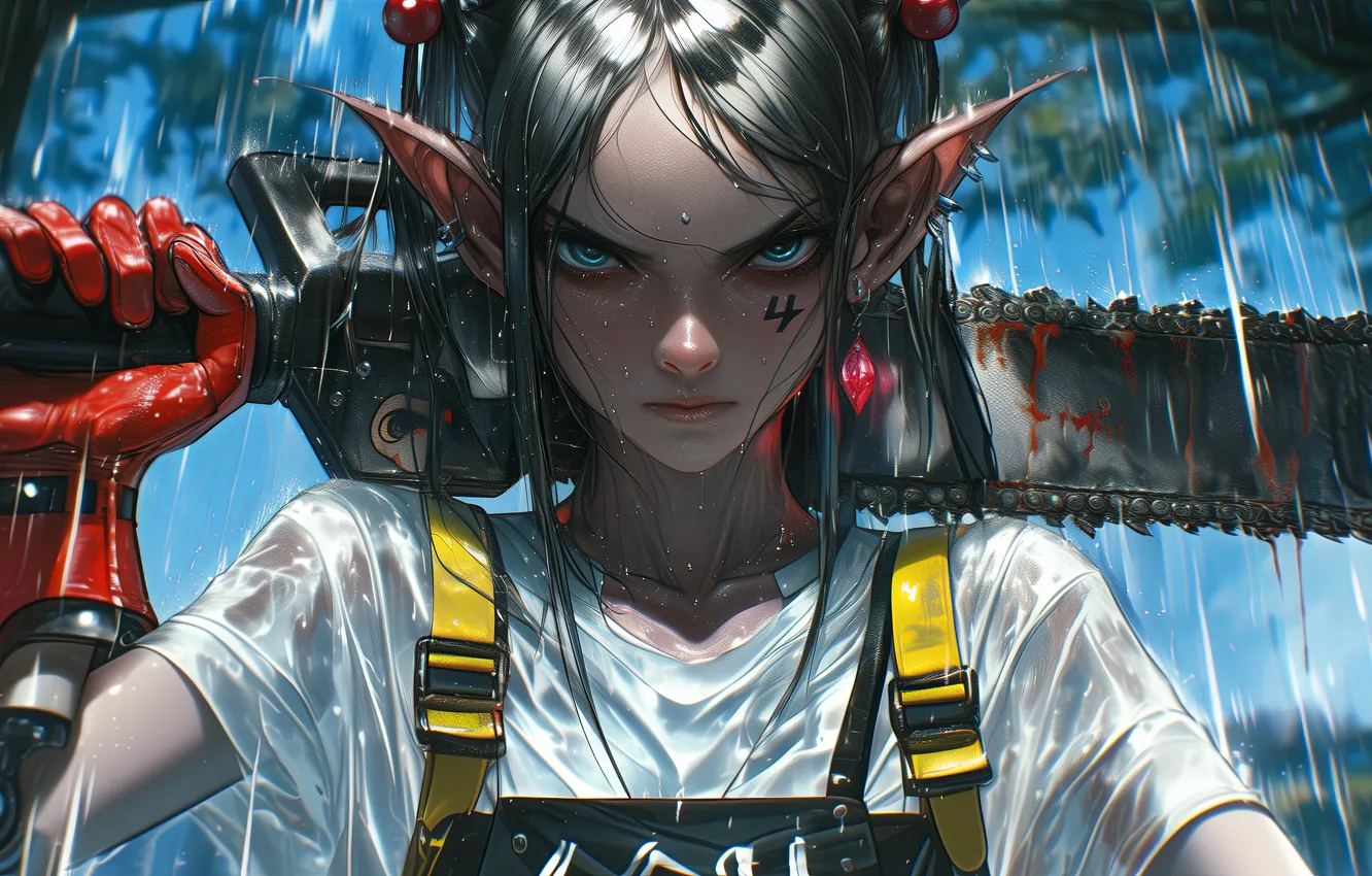 Photo wallpaper girl, fantasy, rain, blue eyes, tattoo, elf, digital art, fantasy art