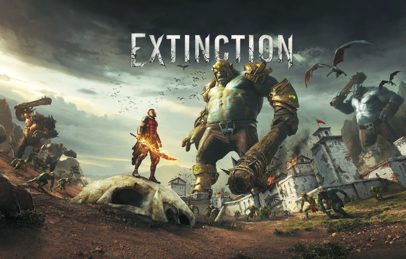 Photo wallpaper demon, fight, 2018, troll, extinction, Fire Sword, Medieval City