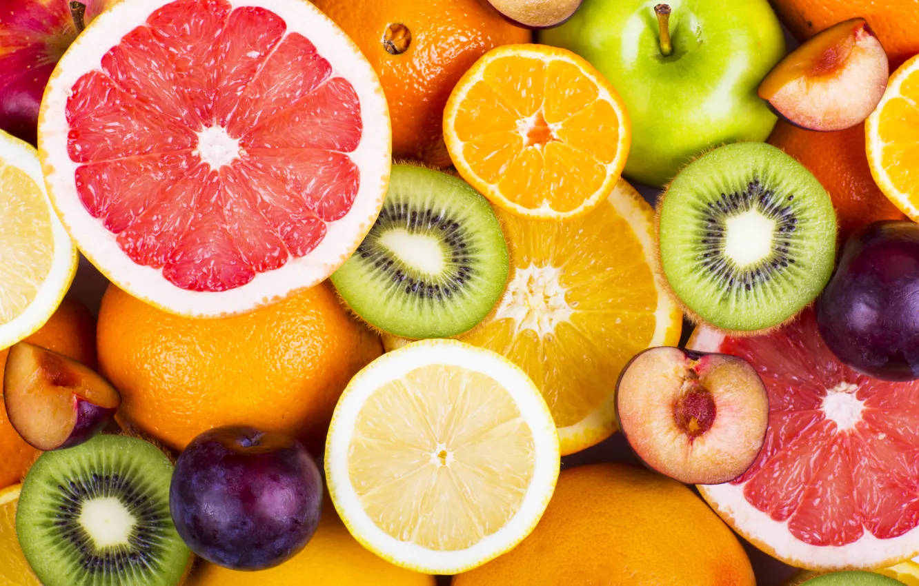 Photo wallpaper apples, oranges, kiwi, fruit, fresh, grapefruit, fruits, berries