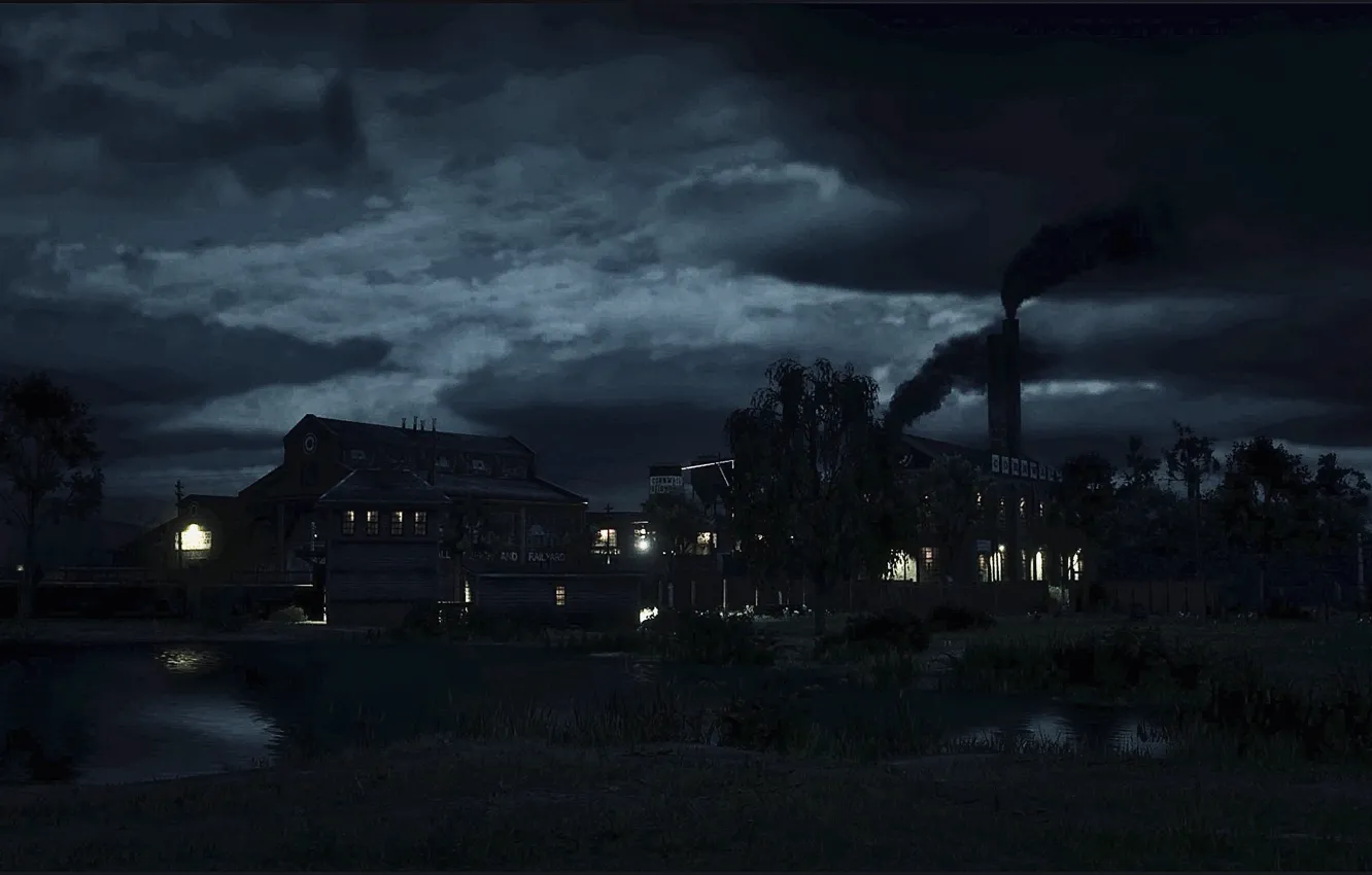 Photo wallpaper lights, HDR, game, storm, river, trees, smoke, clouds