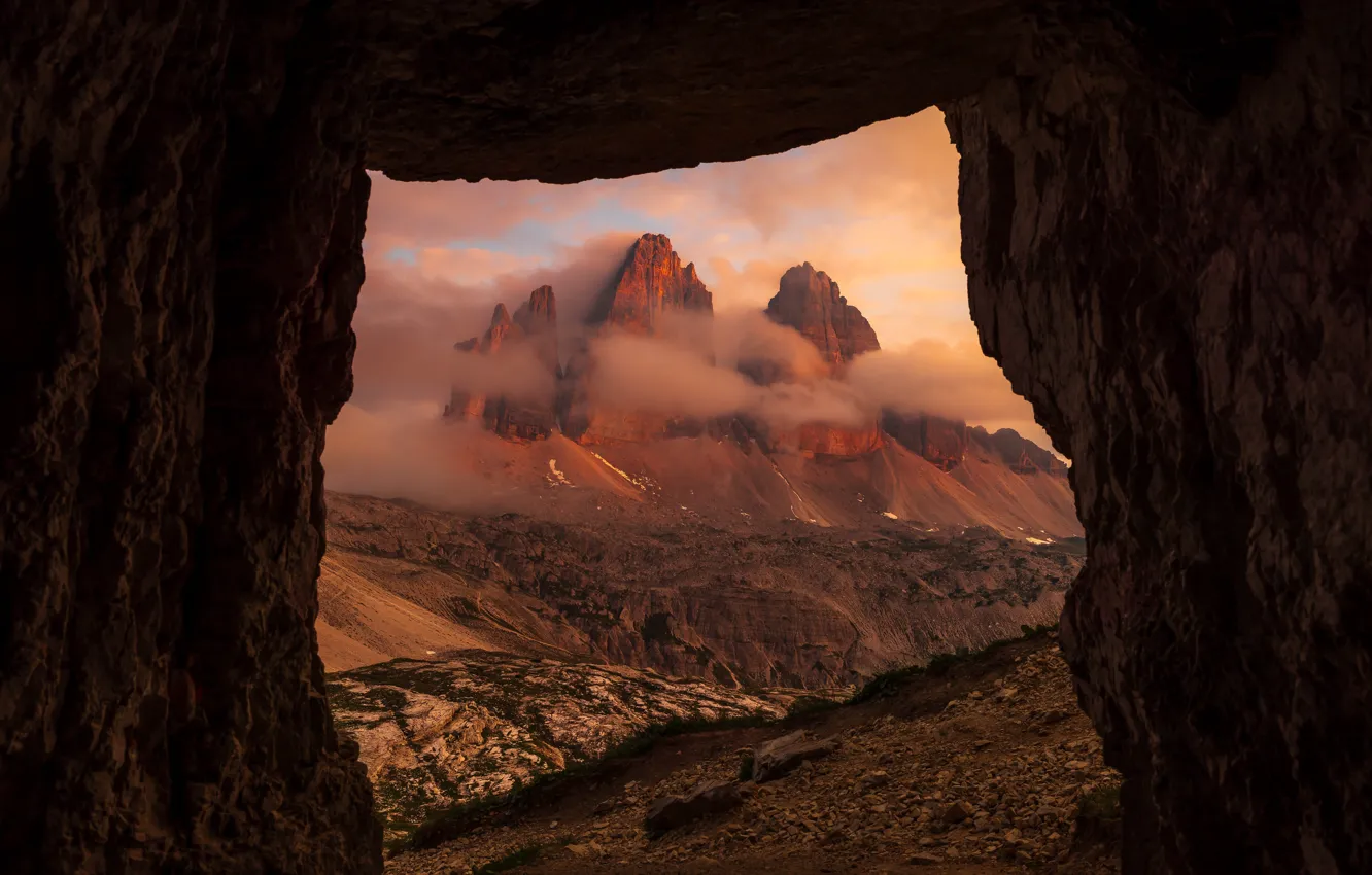 Photo wallpaper clouds, mountains, fog, rocks, cave, arch, The Dolomites