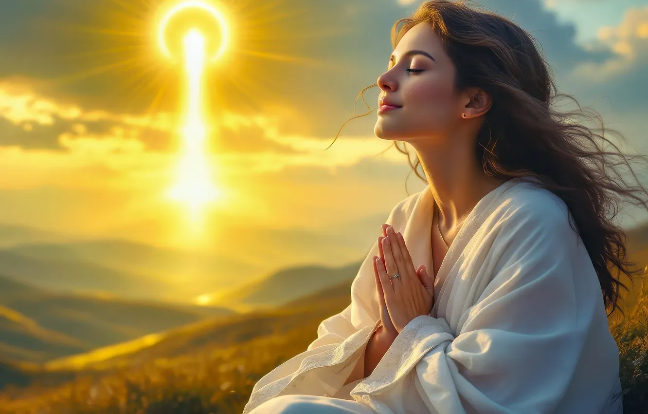 Photo wallpaper the sky, girl, the sun, clouds, rays, light, mountains, nature