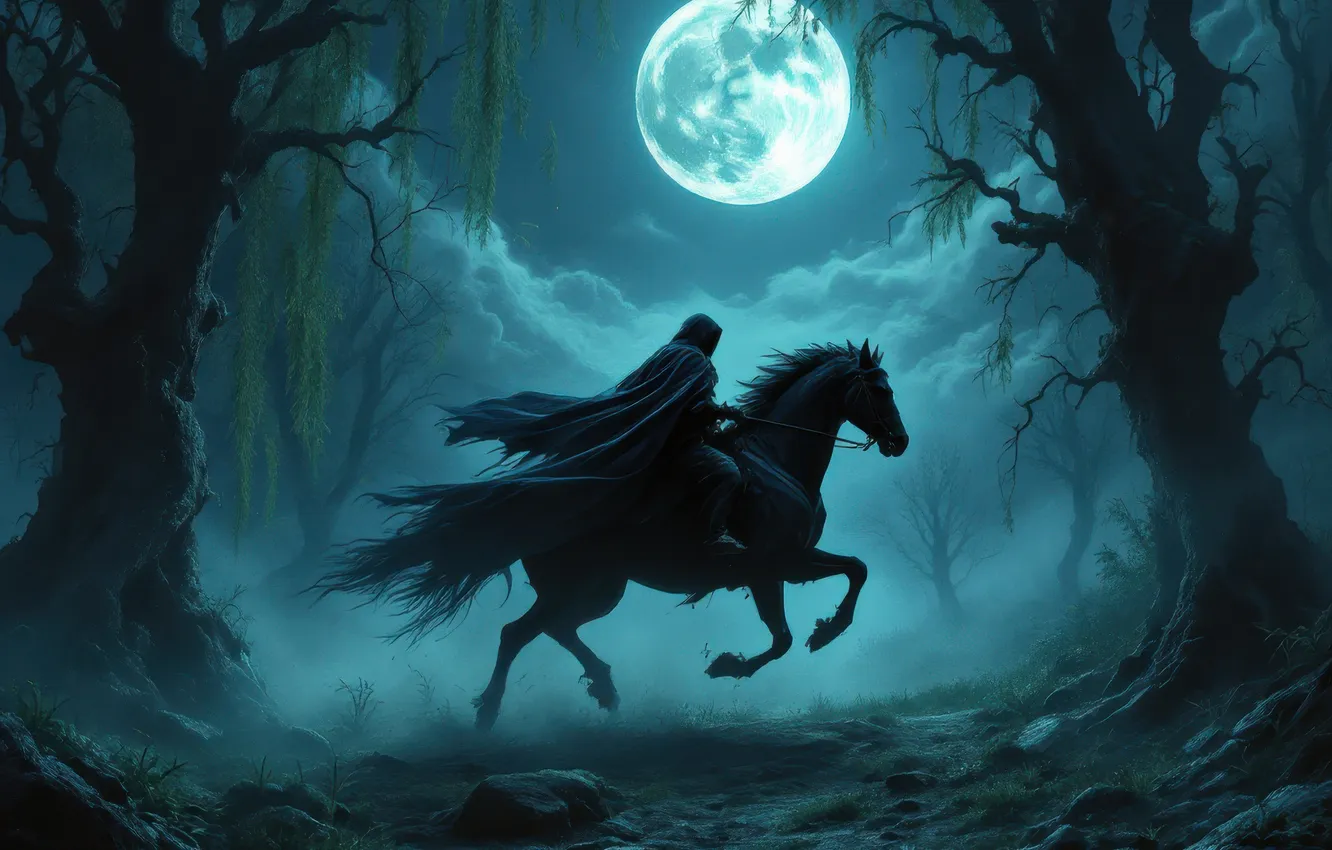 Photo wallpaper forest, the sky, clouds, light, trees, night, branches, fog