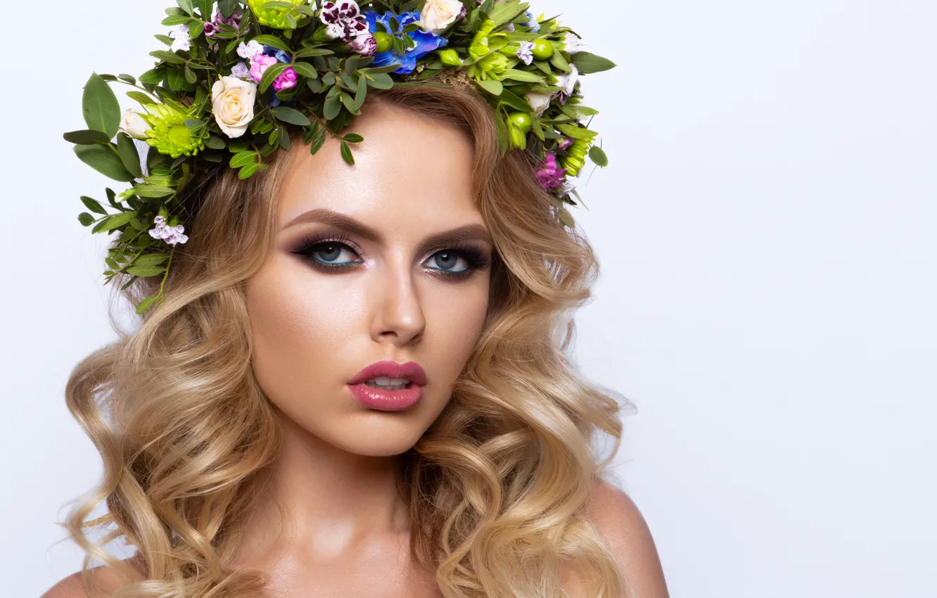 Photo wallpaper girl, model, portrait, makeup, wreath, Korabkova