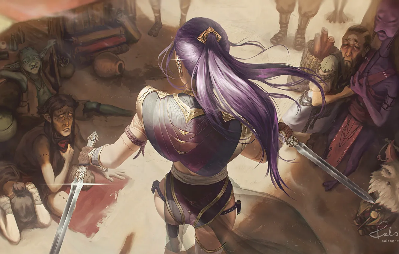 Photo wallpaper girl, weapons, blade, digital art, digital art, citizens, poor, back