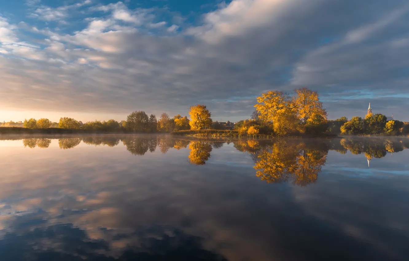 Photo wallpaper autumn, clouds, trees, lake, Ruslan Avdevich