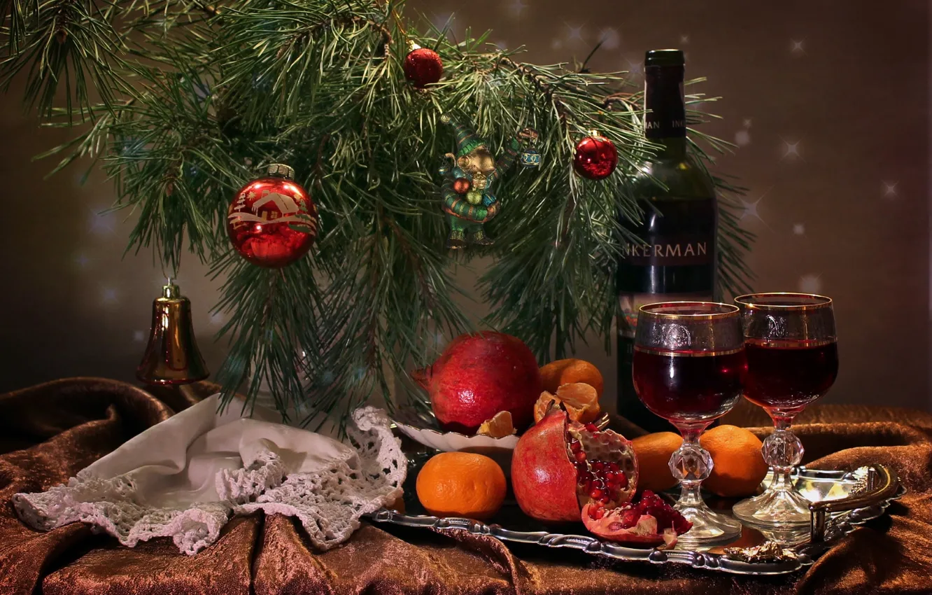 Photo wallpaper wine, toy, glass, bottle, pine, garnet, tangerines