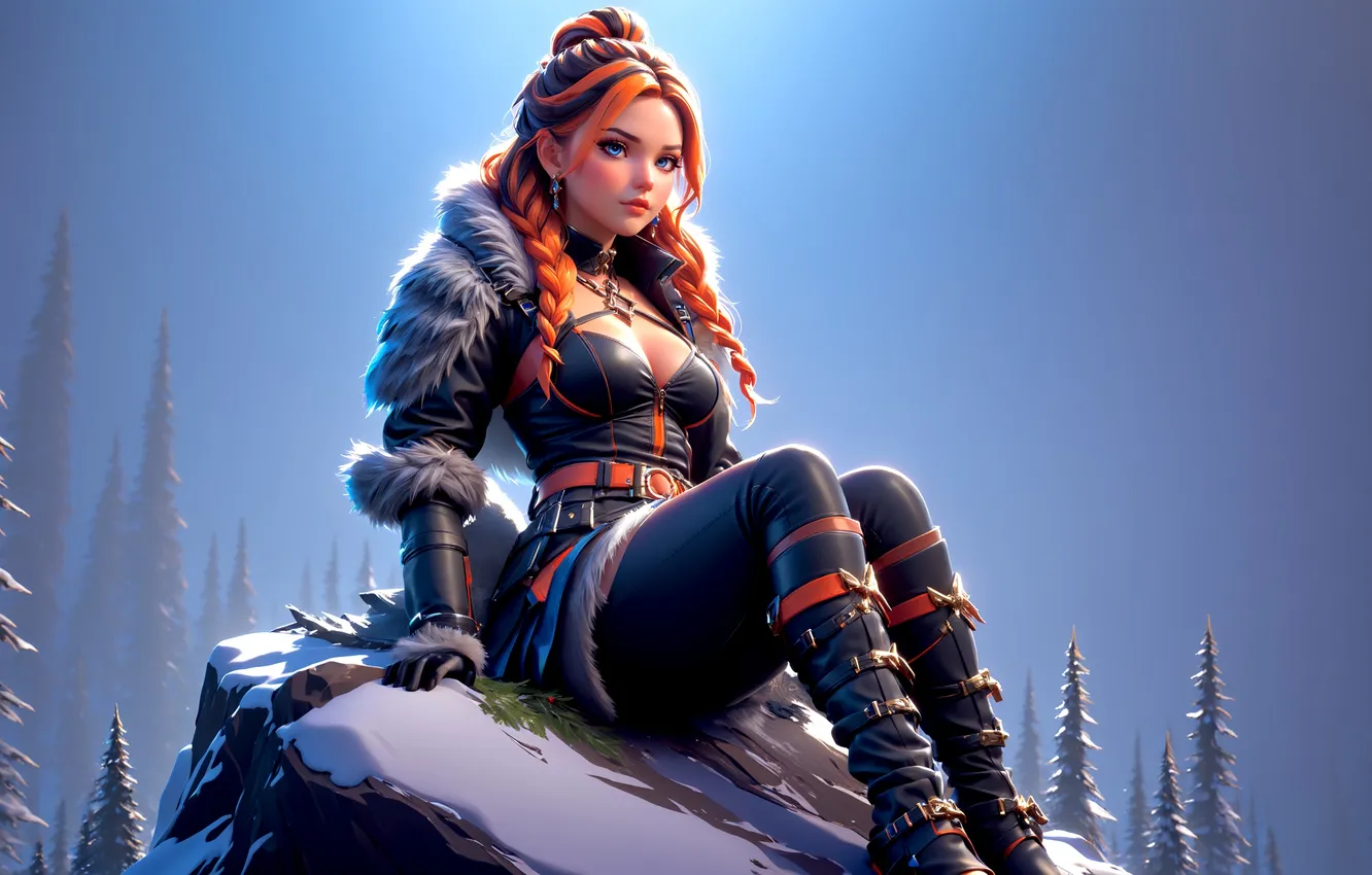 Photo wallpaper girl, fantasy, forest, blue eyes, winter, snow, redhead, coat