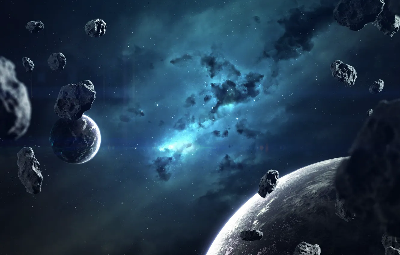 Photo wallpaper space, stars, nebula, fiction, planet, satellite, asteroids, art