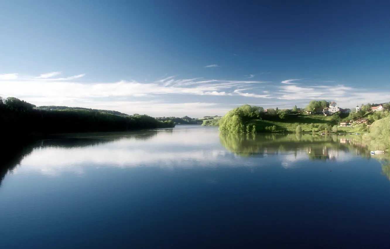 Photo wallpaper surface, village, pond
