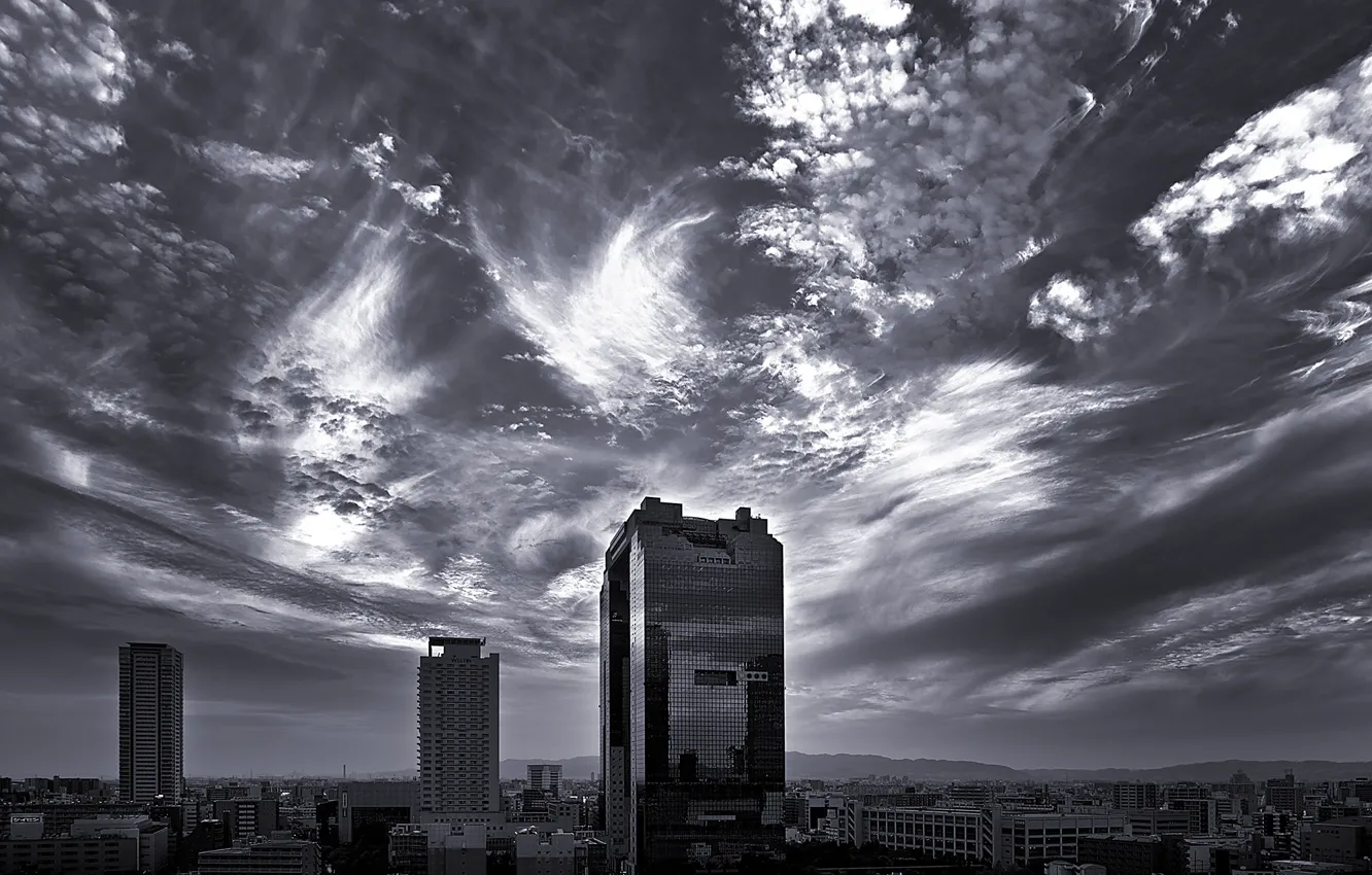 Photo wallpaper clouds, skyscrapers, Japan, architecture, monochrome, Osaka