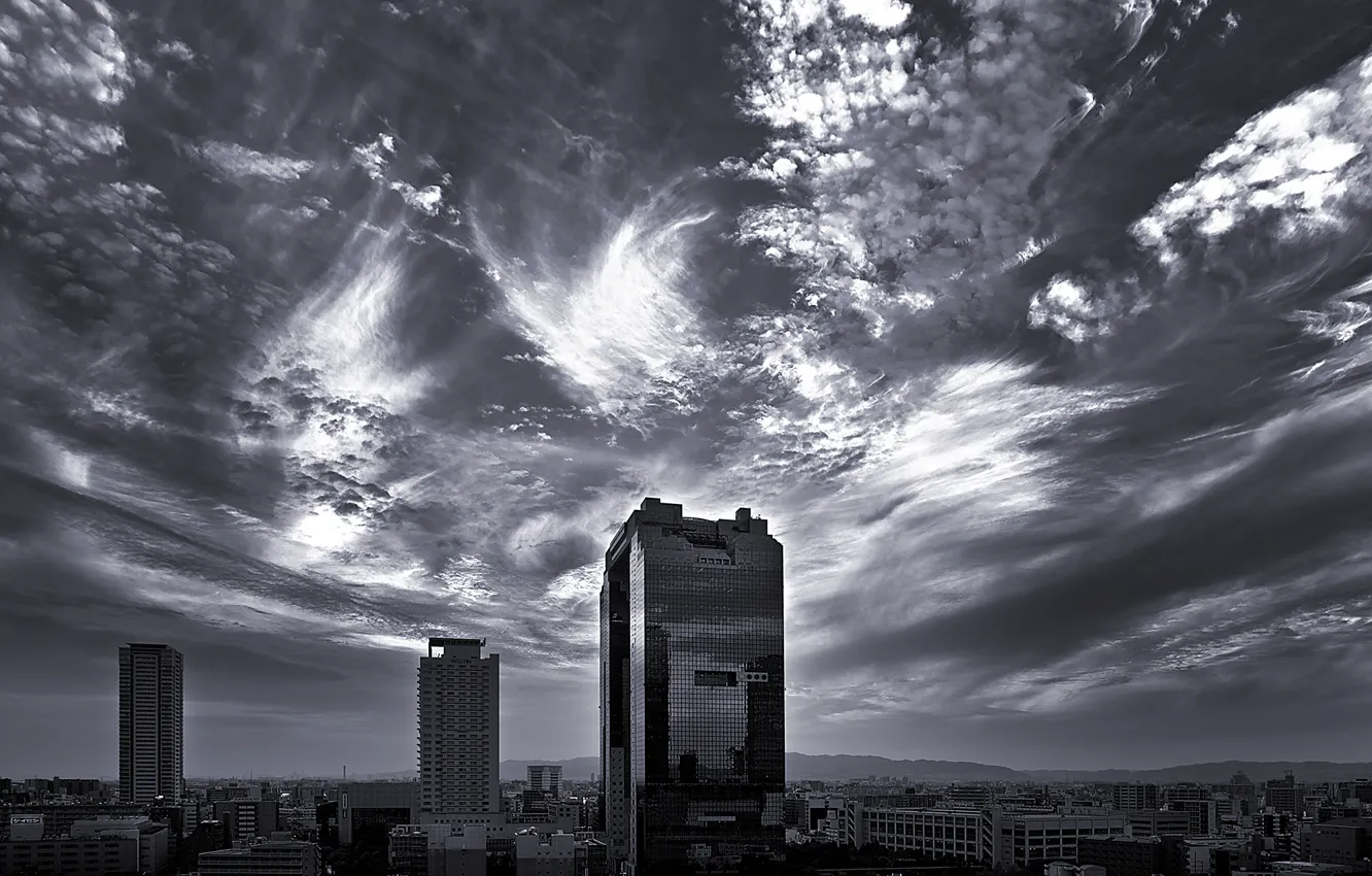 Photo wallpaper clouds, skyscraper, Japan, architecture, monochrome, Osaka