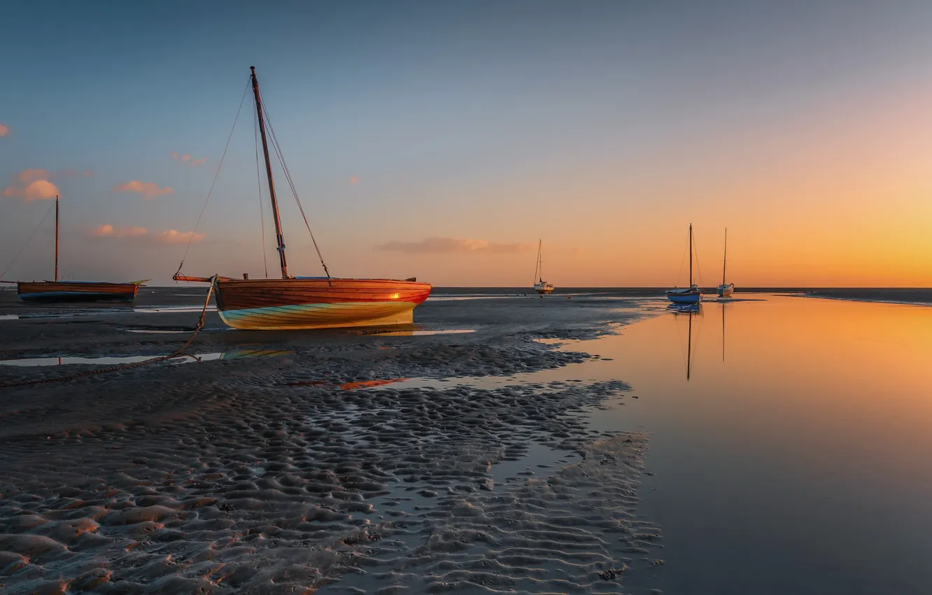 Photo wallpaper sunset, shore, boat, stranded