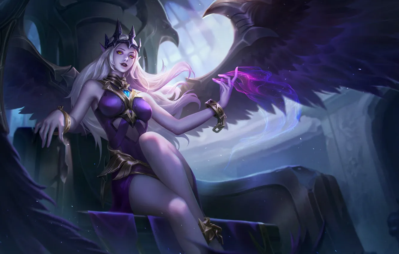 Photo wallpaper look, wings, hall, arena, demoness, the throne, beautiful girl, mob