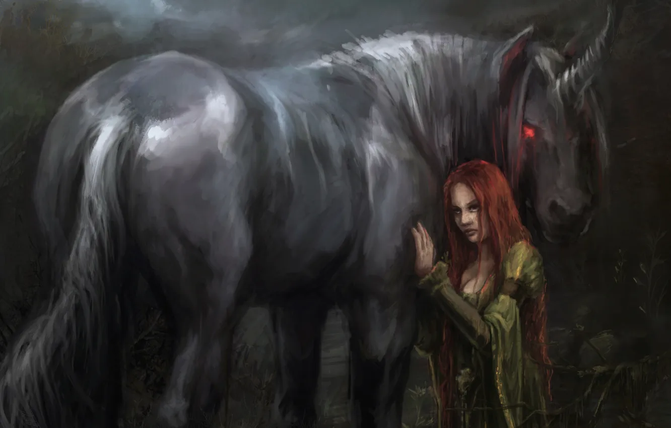 Photo wallpaper look, girl, fiction, animal, hands, dress, art, unicorn
