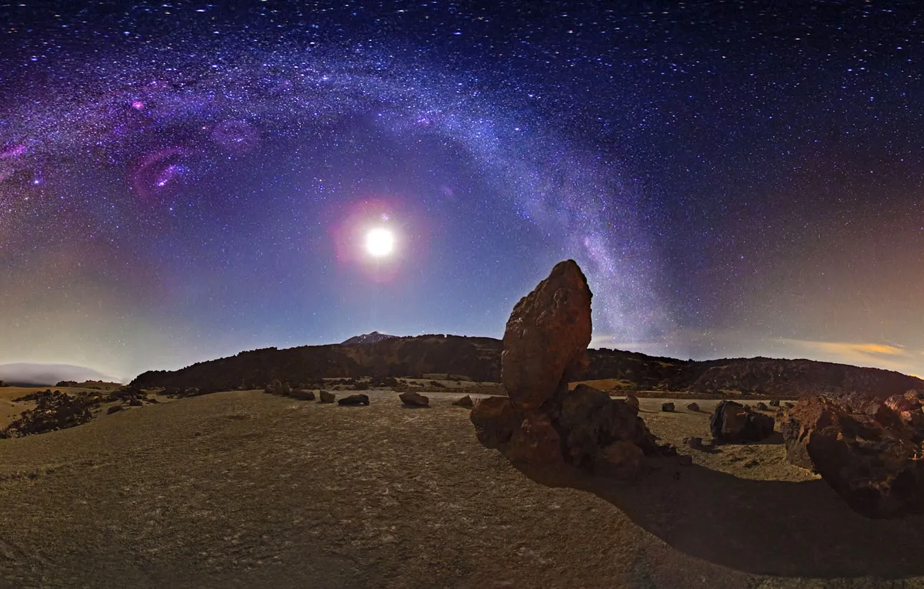 Photo wallpaper stars, the volcano, The moon, galaxy, panorama, The Milky Way, Spain, The Pleiades