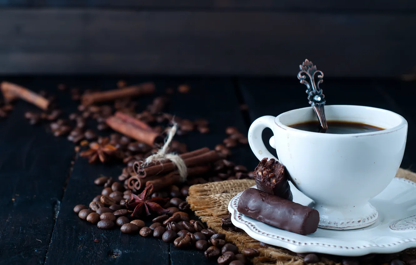 Photo wallpaper coffee, candy, Cup, coffee beans, chocolate, spices, Myfoodie