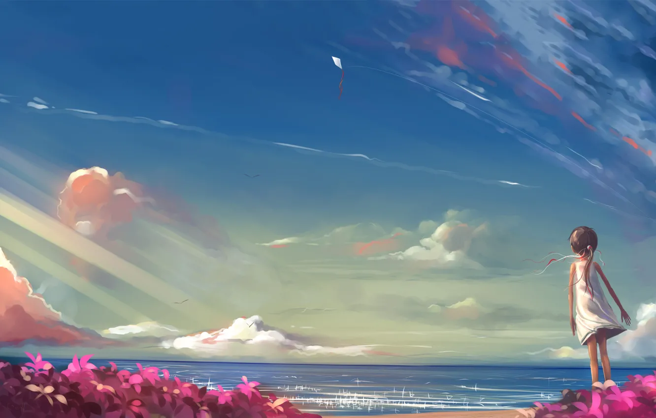 Photo wallpaper beach, summer, clouds, flowers, the wind, kite, girl
