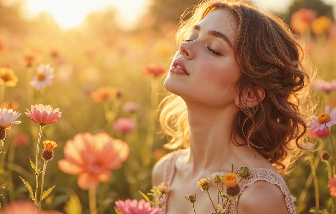 Photo wallpaper girl, flowers, dawn, digital art, AI art, The Art of Artificial Intelligence, neural network