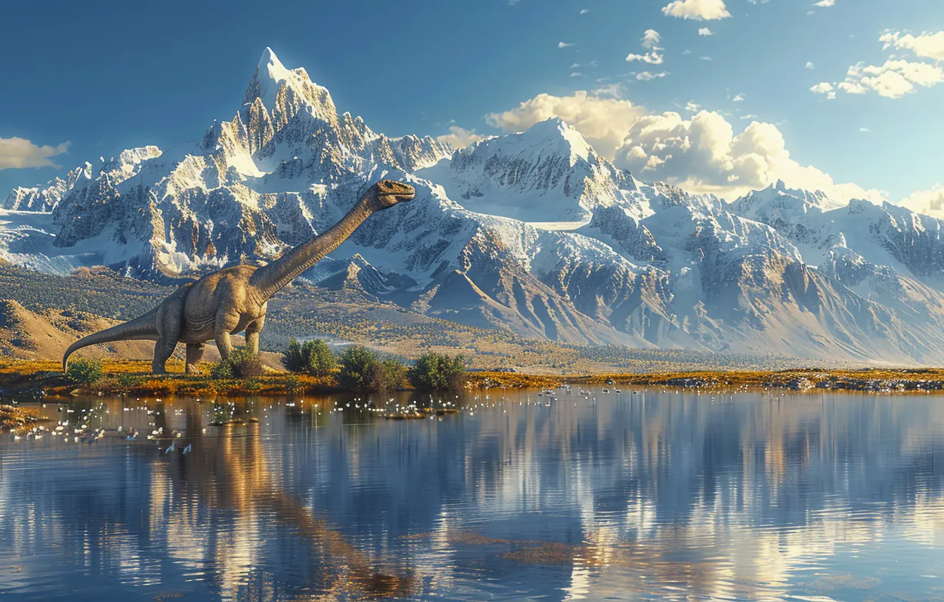 Photo wallpaper trees, mountains, river, animal, dinosaur, neck, digital art, Ancient animals