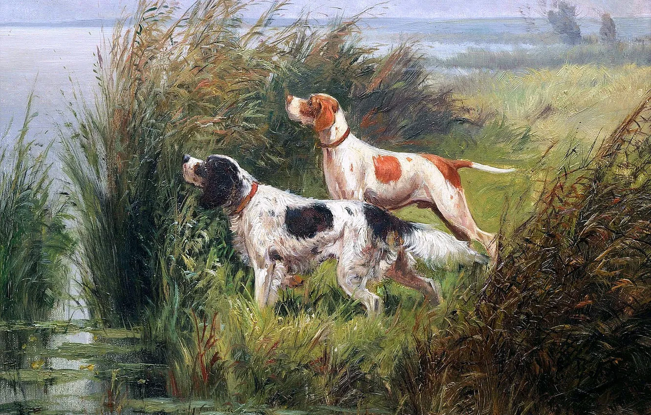 Photo wallpaper Lake, Picture, Dogs, Two, Reed, French artist, Eugene Petit, Eugene Petit