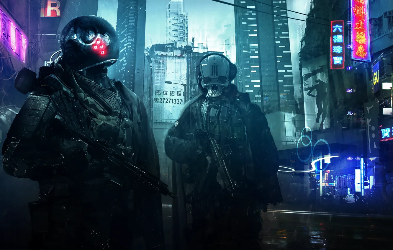 Photo wallpaper the city, weapons, fiction, street, the evening, robots, soldiers