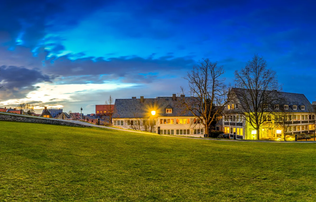 Photo wallpaper grass, trees, lawn, home, the evening, Germany, lights, Goslar