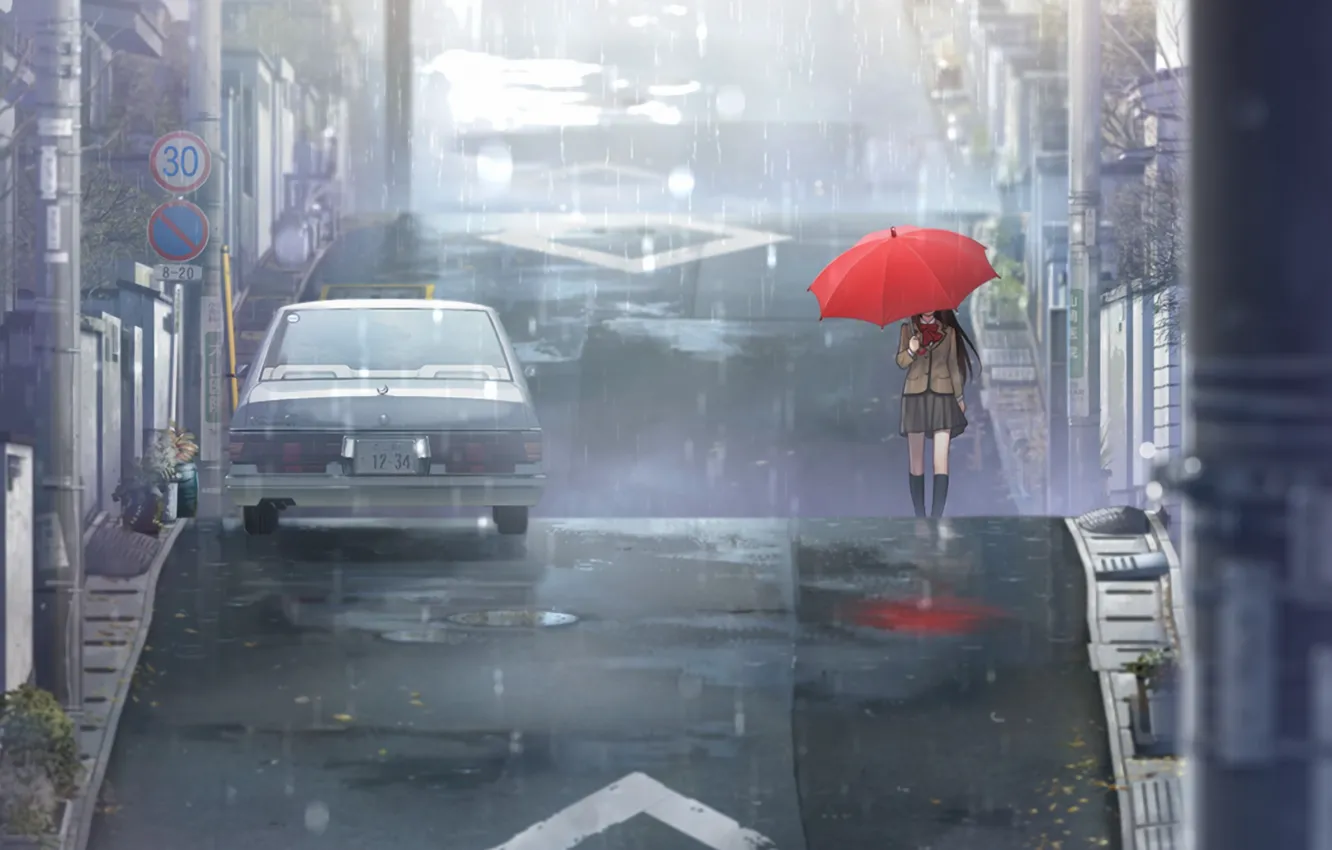 Photo wallpaper road, machine, red, rain, street, posts, umbrella, The city