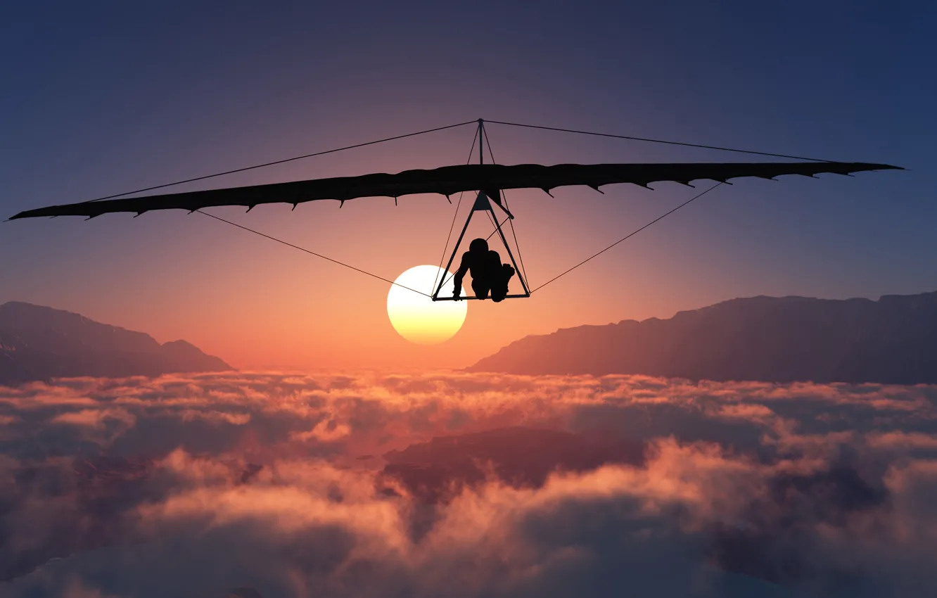 Photo wallpaper the sun, clouds, flight, mountains, height, silhouette, panorama, GLIDER