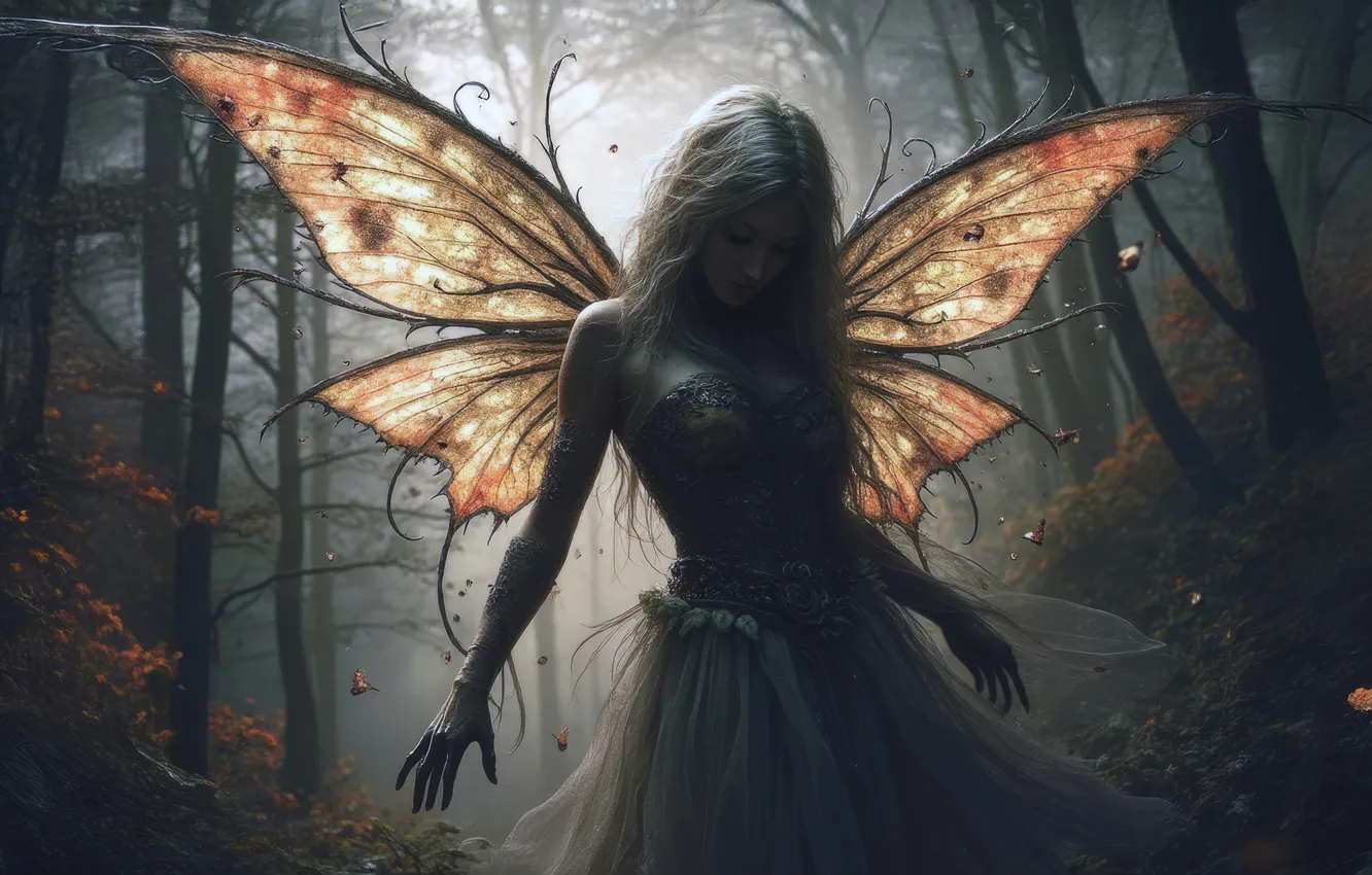 Photo wallpaper forest, girl, night, fog, butterfly, wings, hands, fantasy