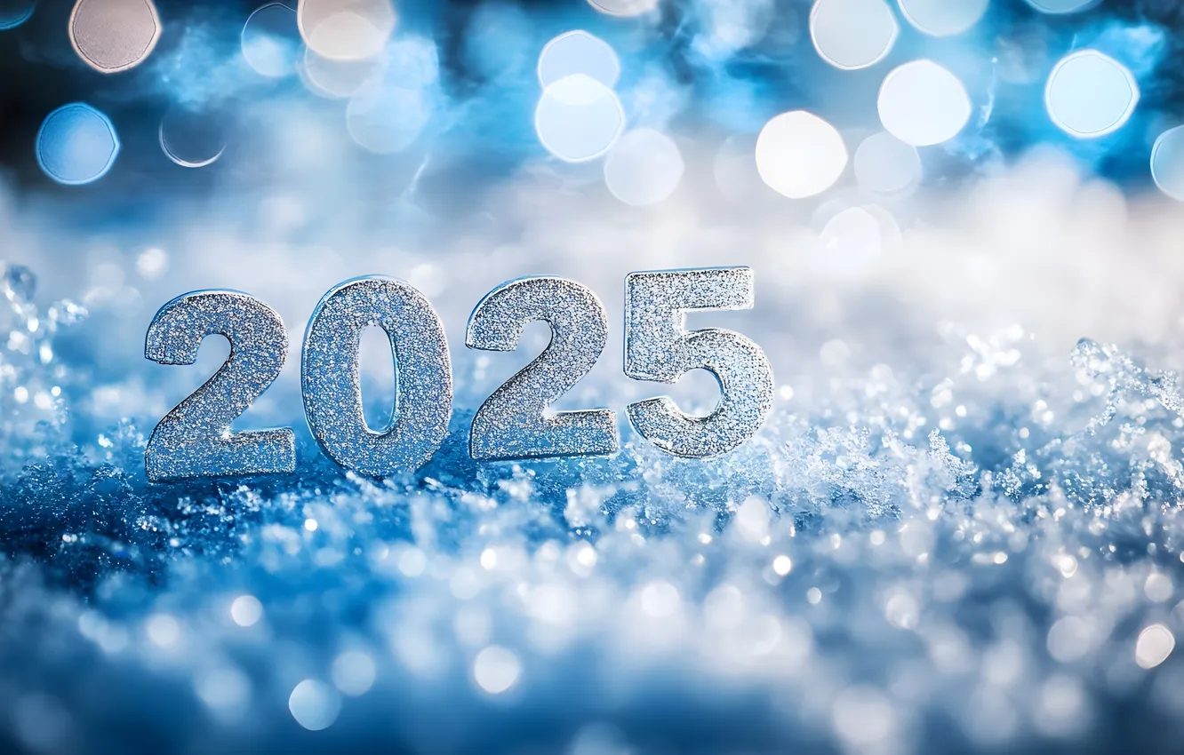 Photo wallpaper winter, snow, new year, figures, date, bokeh, ice crystals, 2025