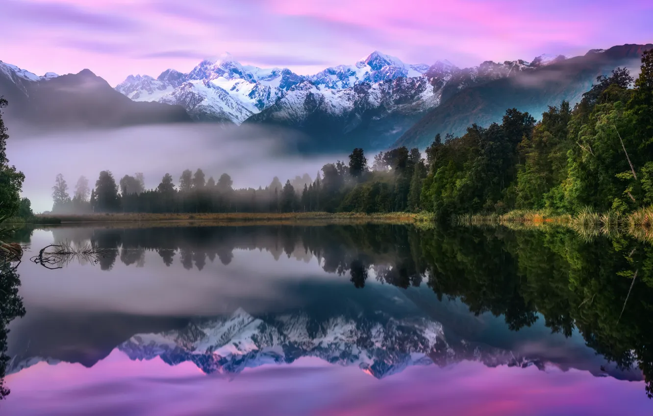 Photo wallpaper forest, mountains, fog, lake, New Zealand, South island, National Park Westland, Lake Matheson