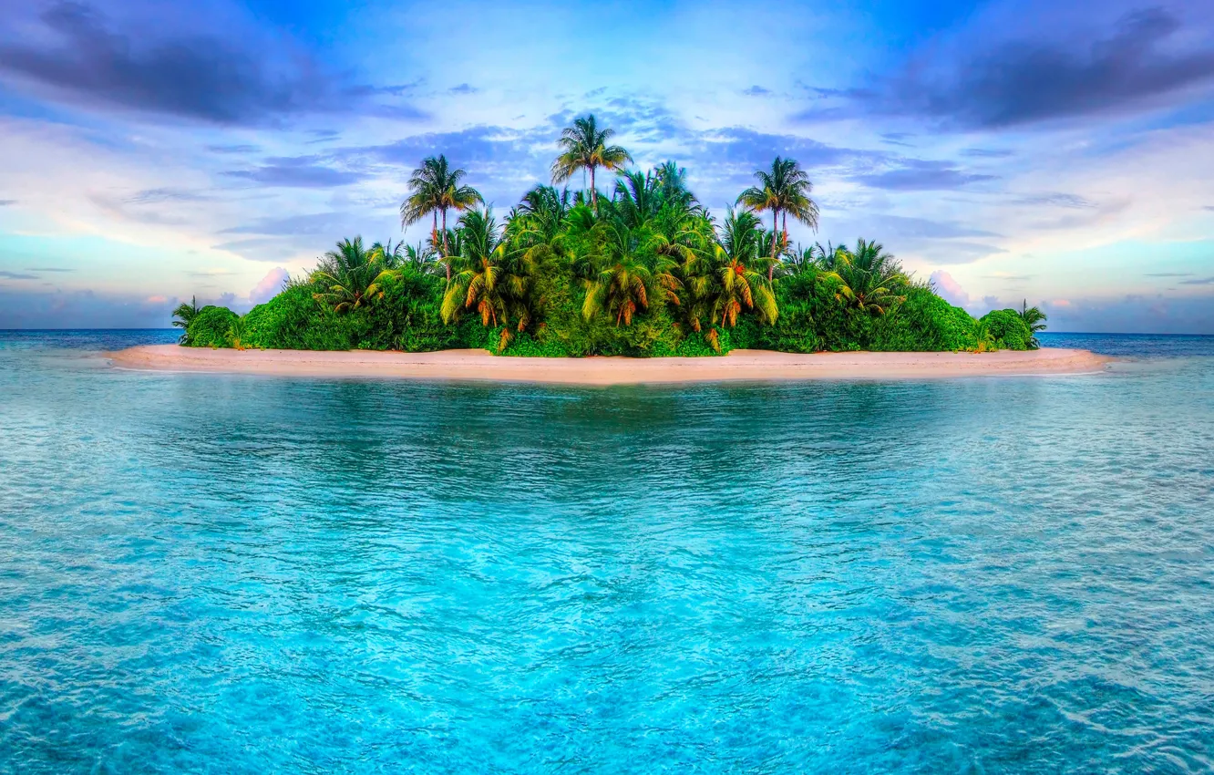 Photo wallpaper sand, sea, greens, beach, the sky, clouds, trees, tropics