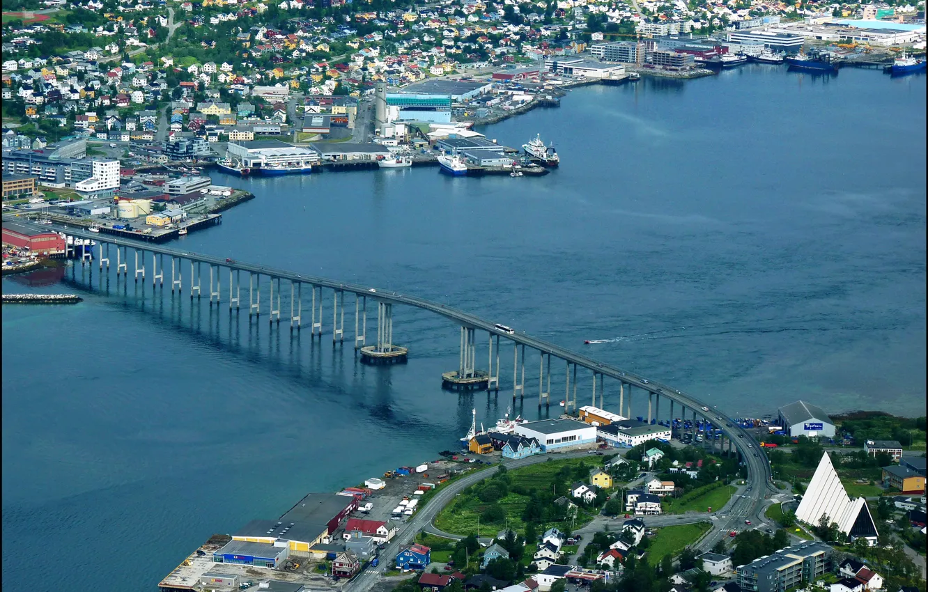 Photo wallpaper bridge, river, home, Norway, the view from the top, Tromsø