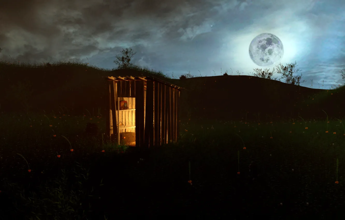 Photo wallpaper Nature, Night, The moon, The barn, Meadow, Landscape, Night landscape