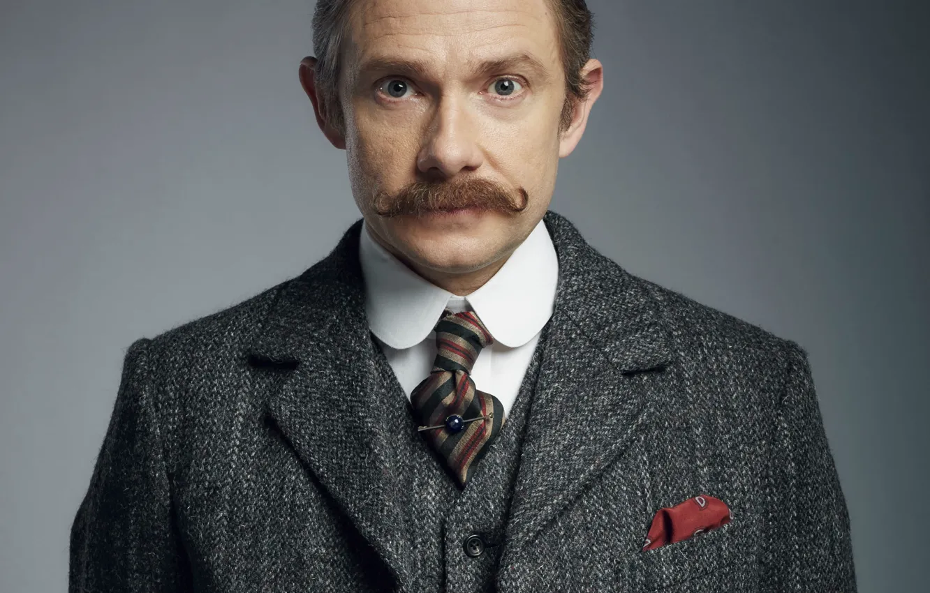 Photo wallpaper mustache, look, grey background, coat, Martin Freeman, Sherlock, Sherlock BBC, Sherlock Holmes