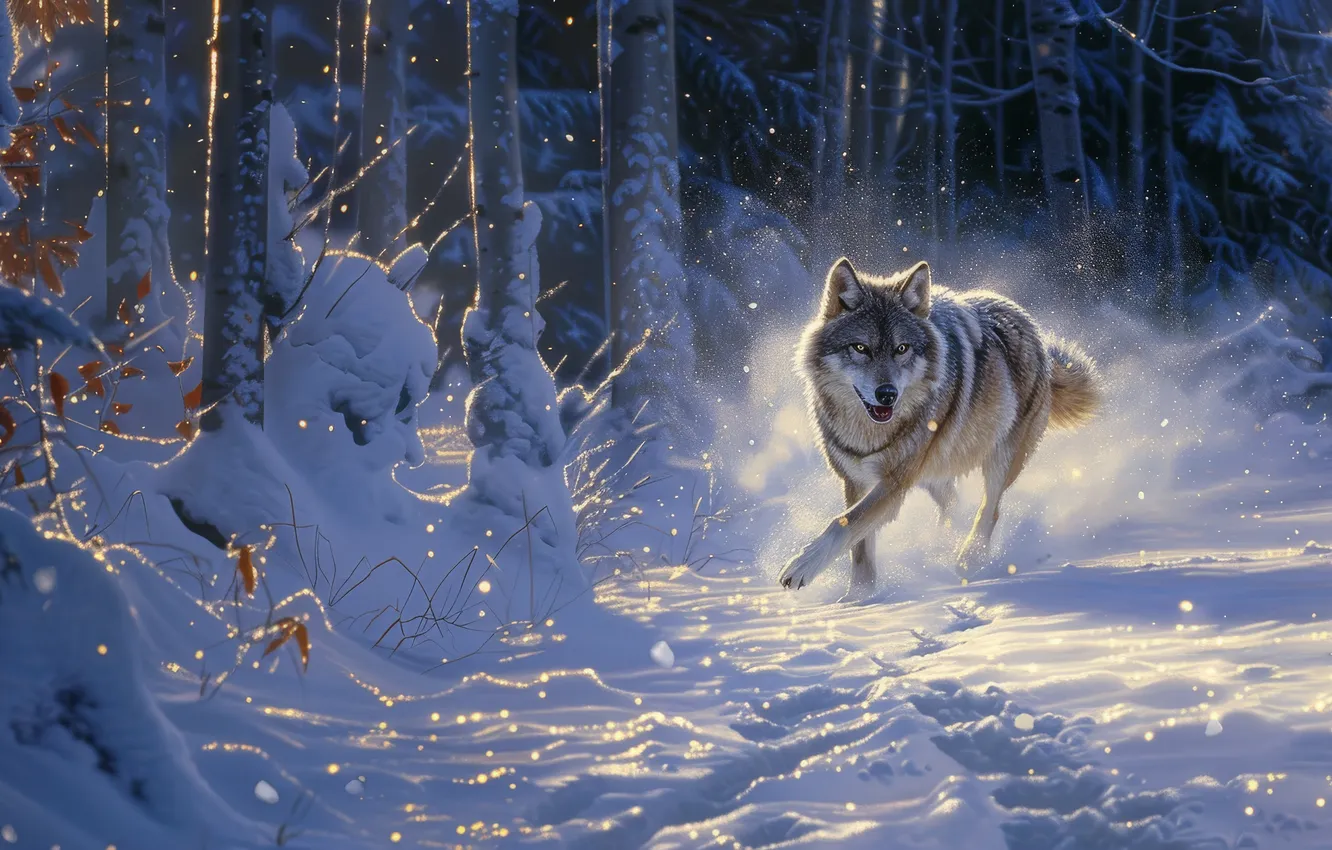 Photo wallpaper winter, forest, snow, trees, mountains, wolf, predator, digital art