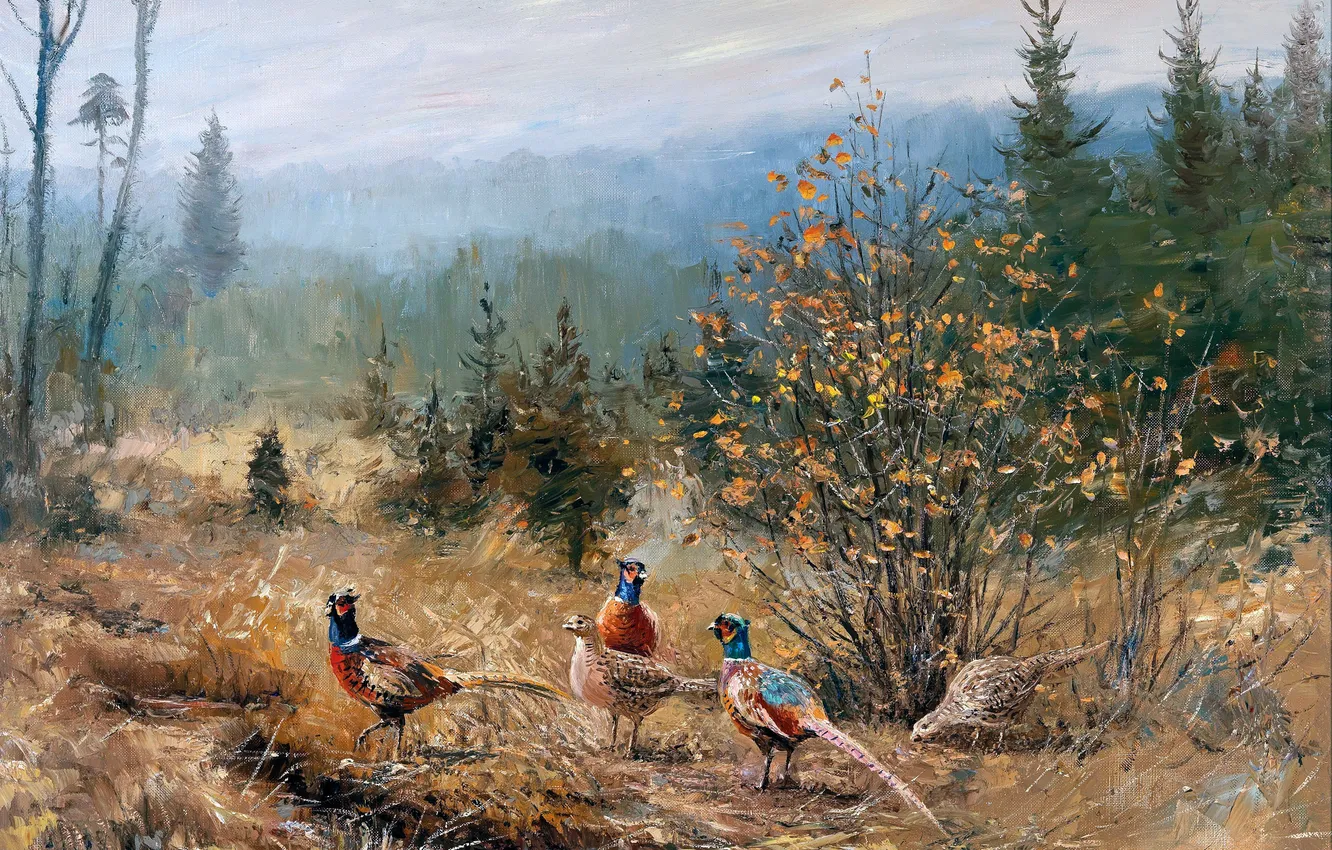 Photo wallpaper grass, trees, bird, picture, pheasant, German artist, Wilhelm Lorenz, Wilhelm Lorenz