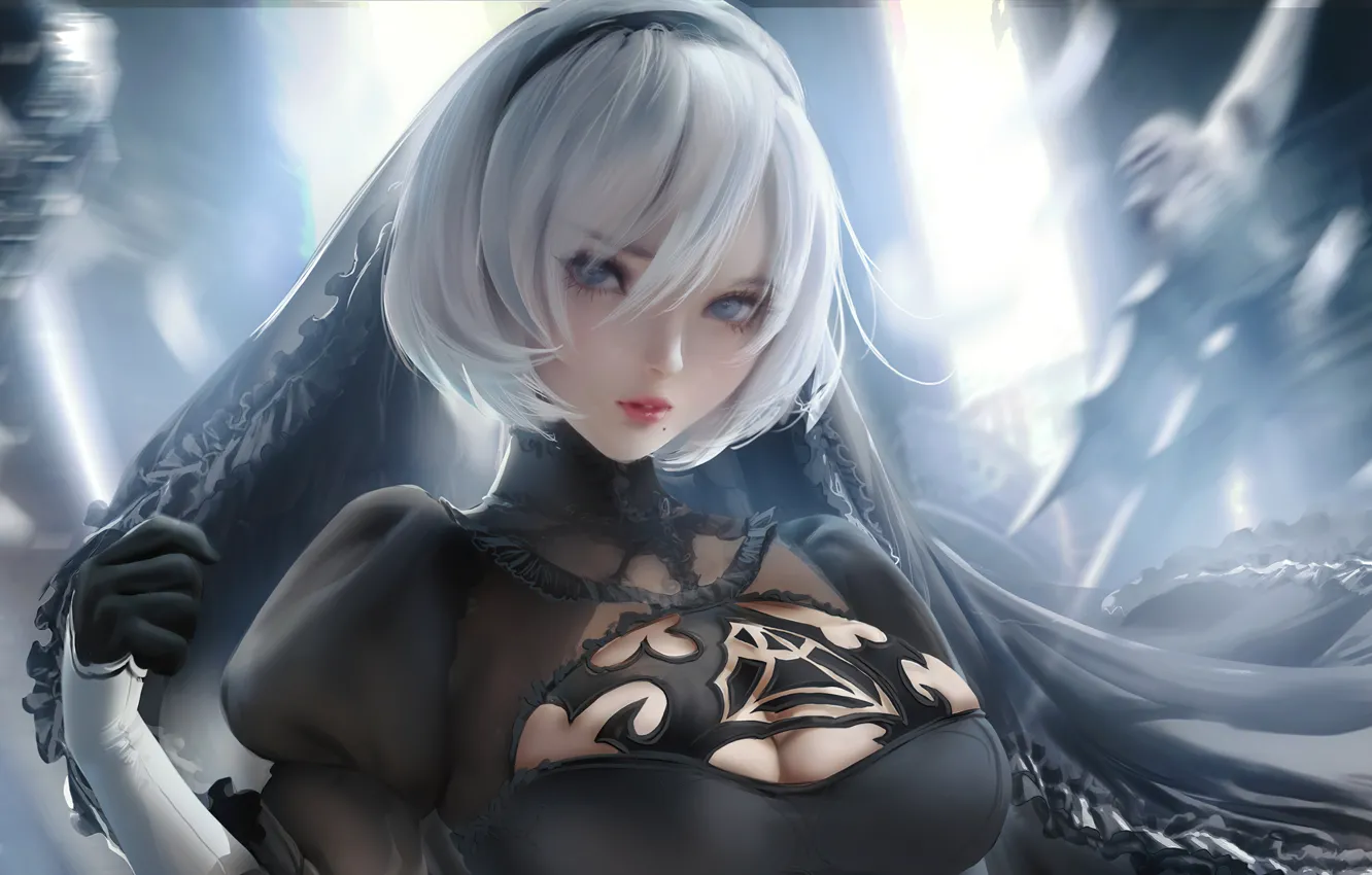 Photo wallpaper look, anime, blonde, neckline, black dress, cleavage, white hair, characters