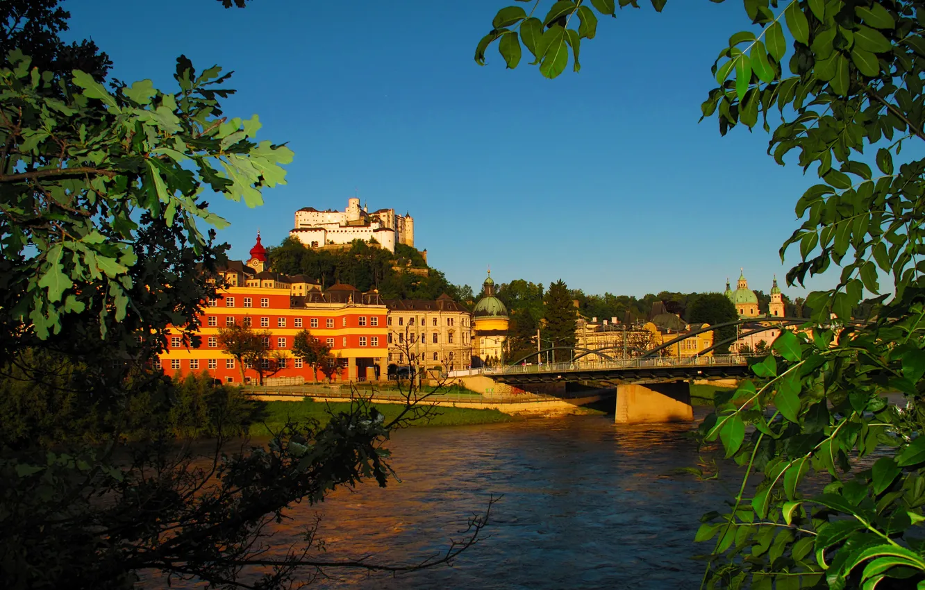 Photo wallpaper branches, bridge, river, mountain, home, Austria, fortress, Salzburg