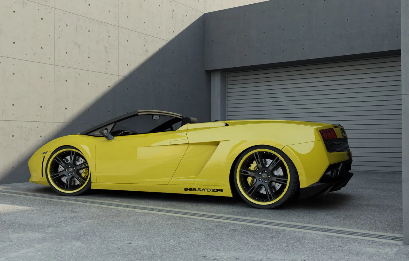 Photo wallpaper auto, yellow, wall, tuning, garage, Lamborghini, supercar, sports car