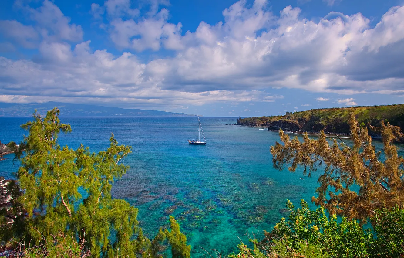 Photo wallpaper sea, the sky, clouds, mountains, boat, Bay, yacht, Hawaii
