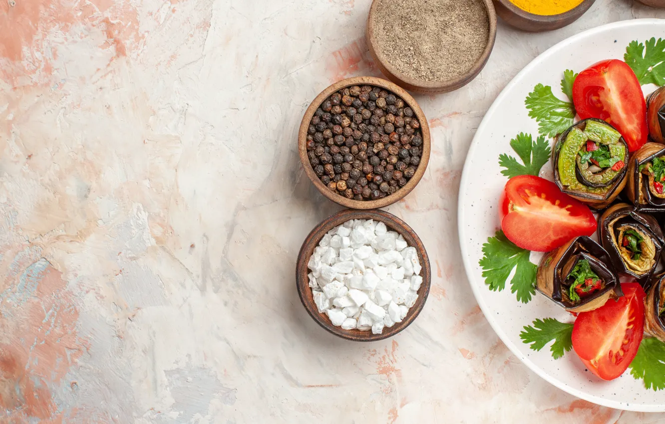 Photo wallpaper eggplant, vegetables, tomatoes, spices, eggplant appetizer