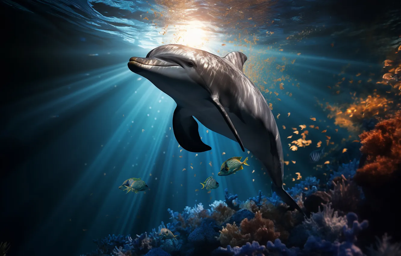 Photo wallpaper fish, dolphins, underwater world, the rays of the sun, digital art, AI art, The Art …