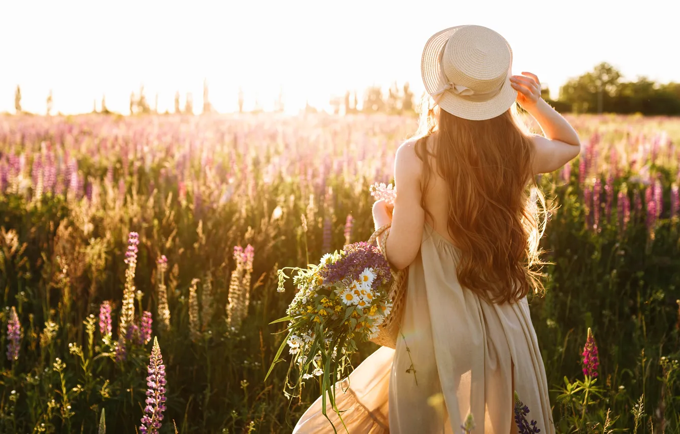 Photo wallpaper field, girl, light, flowers, hat, is back
