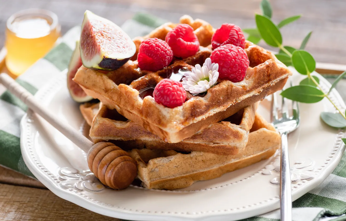 Photo wallpaper raspberry, food, Breakfast, honey, waffles, figs
