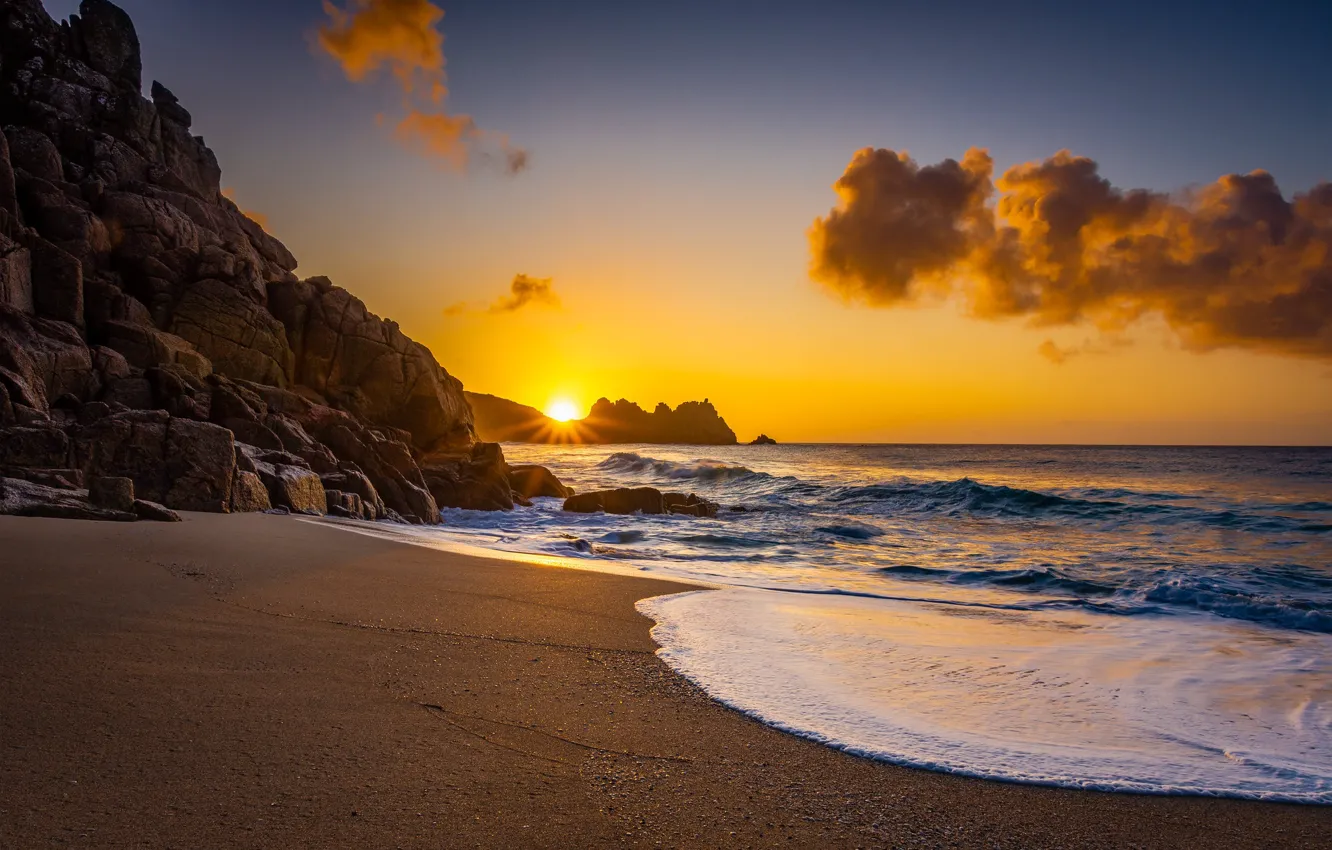 Photo wallpaper sea, beach, sunrise, rocks, dawn, coast, England, England