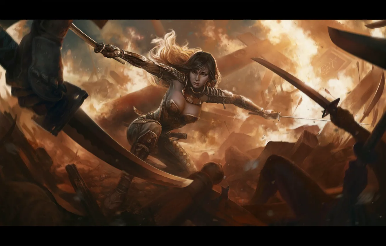 Photo wallpaper girl, weapons, fiction, fire, art, destruction, attack, armor