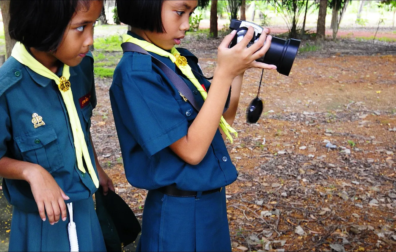 Photo wallpaper emotions, girls, girls, two, surprise, the camera, Asia, Schoolgirls