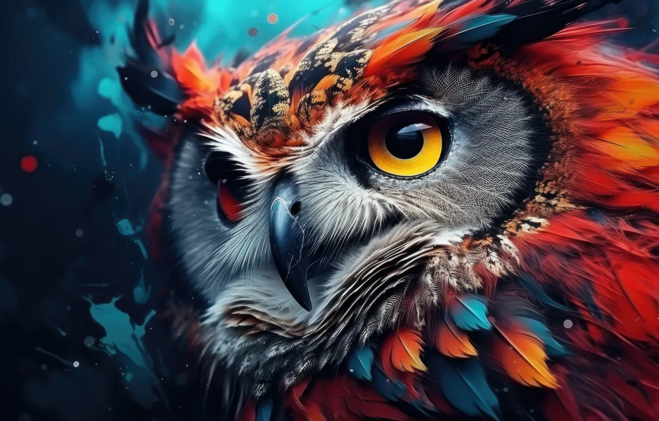 Photo wallpaper look, owl, bird, paint, portrait, bright colors, blue background, owl